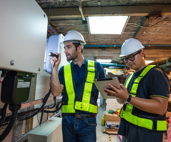 Service Engineer use tablet working inspection installation inverter solar cell. Technician maintenance solar cells. Technology solar energy renewable.